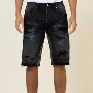 First Row MULTI CAMO PANELED RELEASED HEM DENIM SHORTS Jorts Size 36 NWT